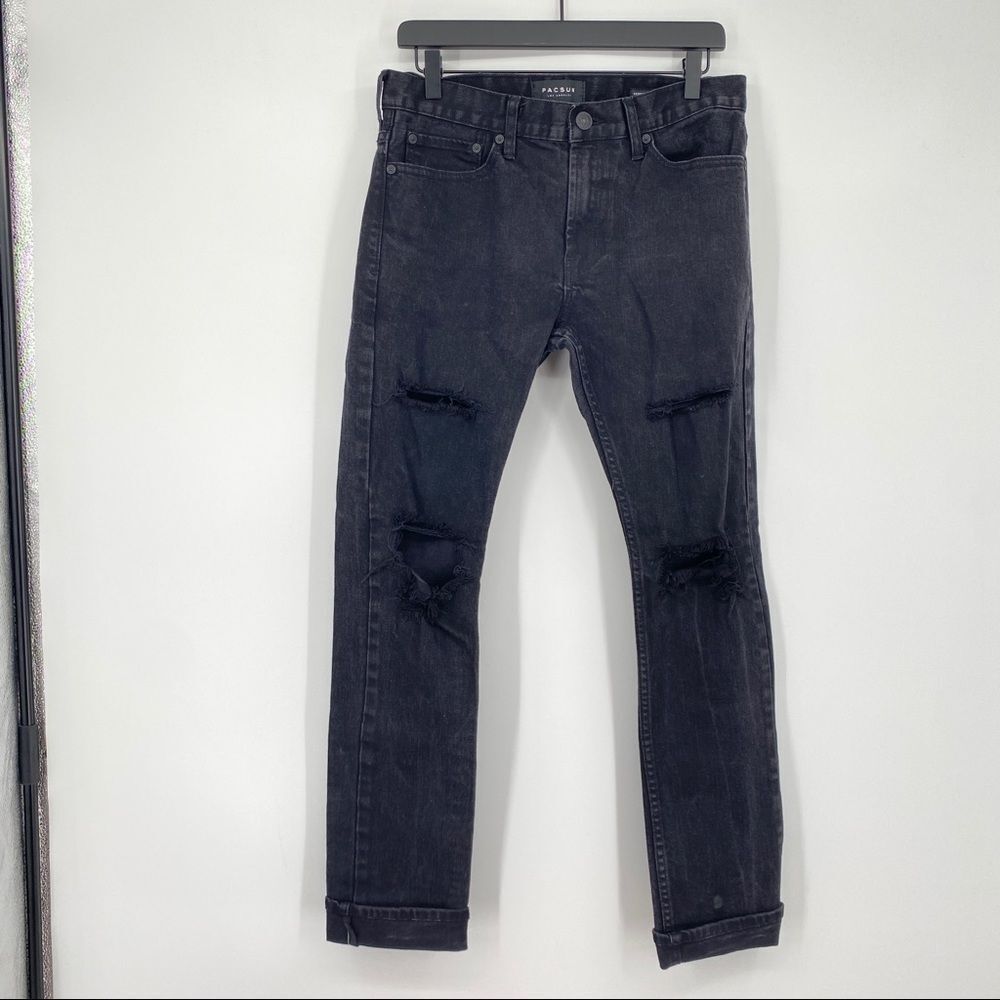 PacSun Skinny Leg Black Dark Wash Distressed Rip Cuffed Rolled Denim Jeans